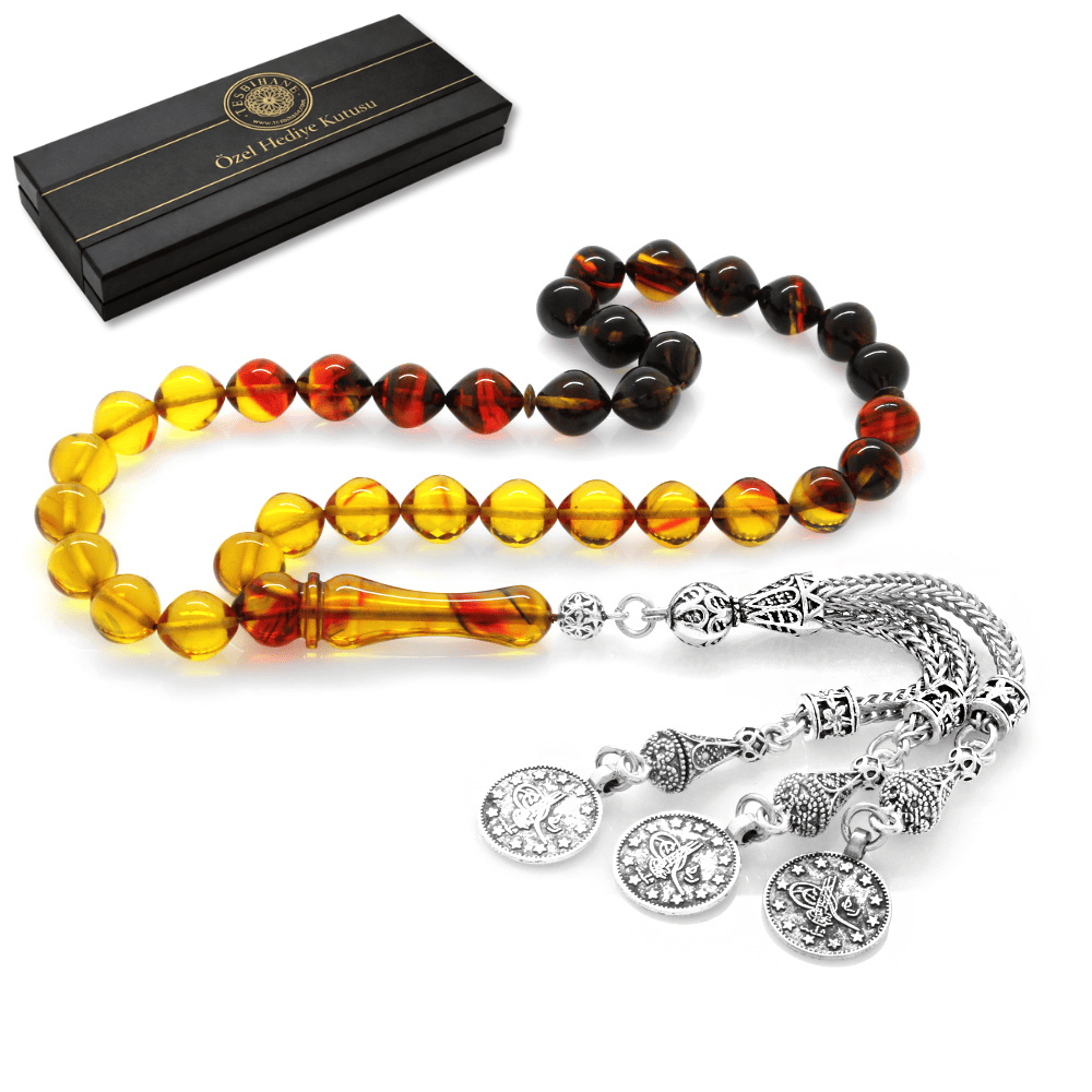 Kararmaz Metal Mecidiye Püsküllü İstanbul Kesim Süzme Bala Siyah Renk Ateş Kehribar Tesbih - 1