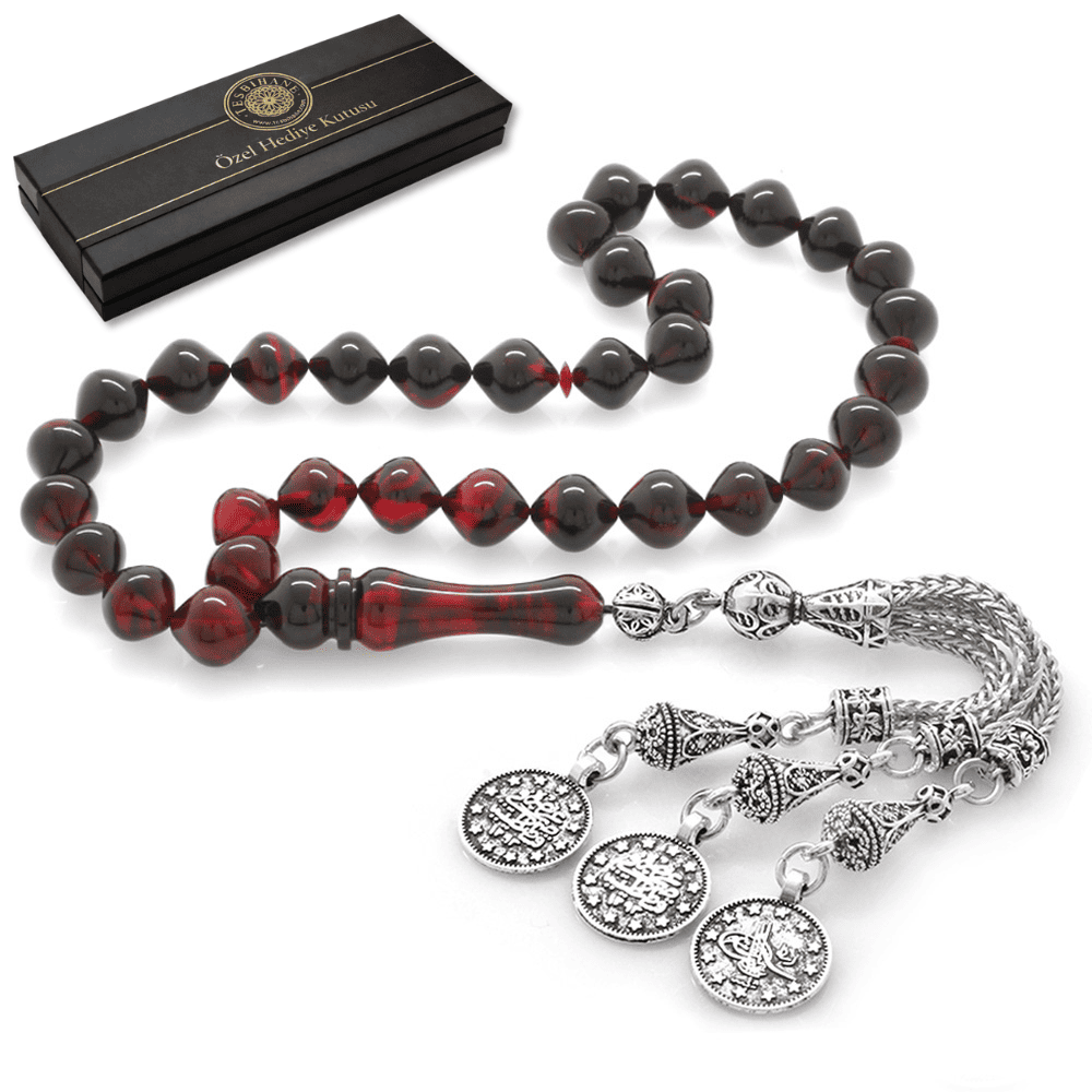 Kararmaz Metal Mecidiye Püsküllü İstanbul Kesim Süzme Kırmızı Siyah Ateş Kehribar Tesbih - 1