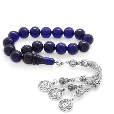 Kararmaz Metal Mecidiye Püsküllü Lacivert Sıkma Kehribar Efe Tesbih - Tesbihane