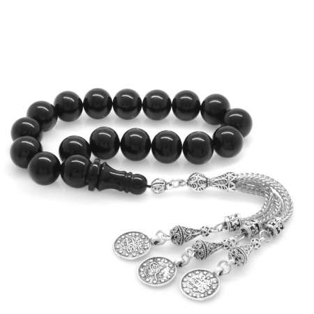 Kararmaz Metal Mecidiye Püsküllü Siyah Sıkma Kehribar Efe Tesbih - Tesbihane