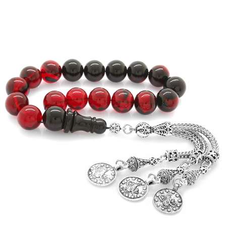 Kararmaz Metal Mecidiye Püsküllü Süzme Kırmızı Siyah Ateş Kehribar Efe Tesbih - Tesbihane