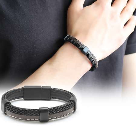 Kararmaz Metal Örgülü Kahverengi Deri-Çelik Kombinli Erkek Bileklik - Tesbihane