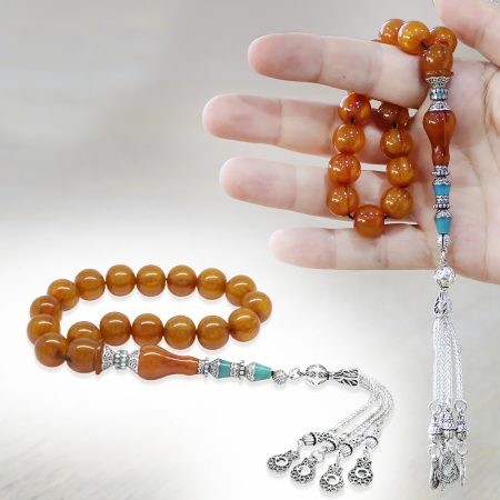 Kararmaz Metal Püsküllü Alpaka Nakkaş İmameli Sıkma Kehribar Efe Tesbih Bal Rengi Küre Kesim - Tesbihane