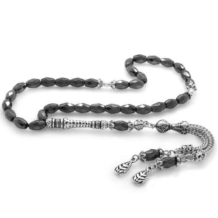 Kararmaz Metal Püsküllü Arpa Kesim Faset Hematit Doğaltaş Tesbih - Tesbihane