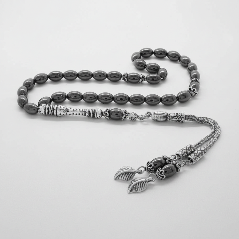 Kararmaz Metal Püsküllü Arpa Kesim Hematit Doğaltaş Tesbih - 2