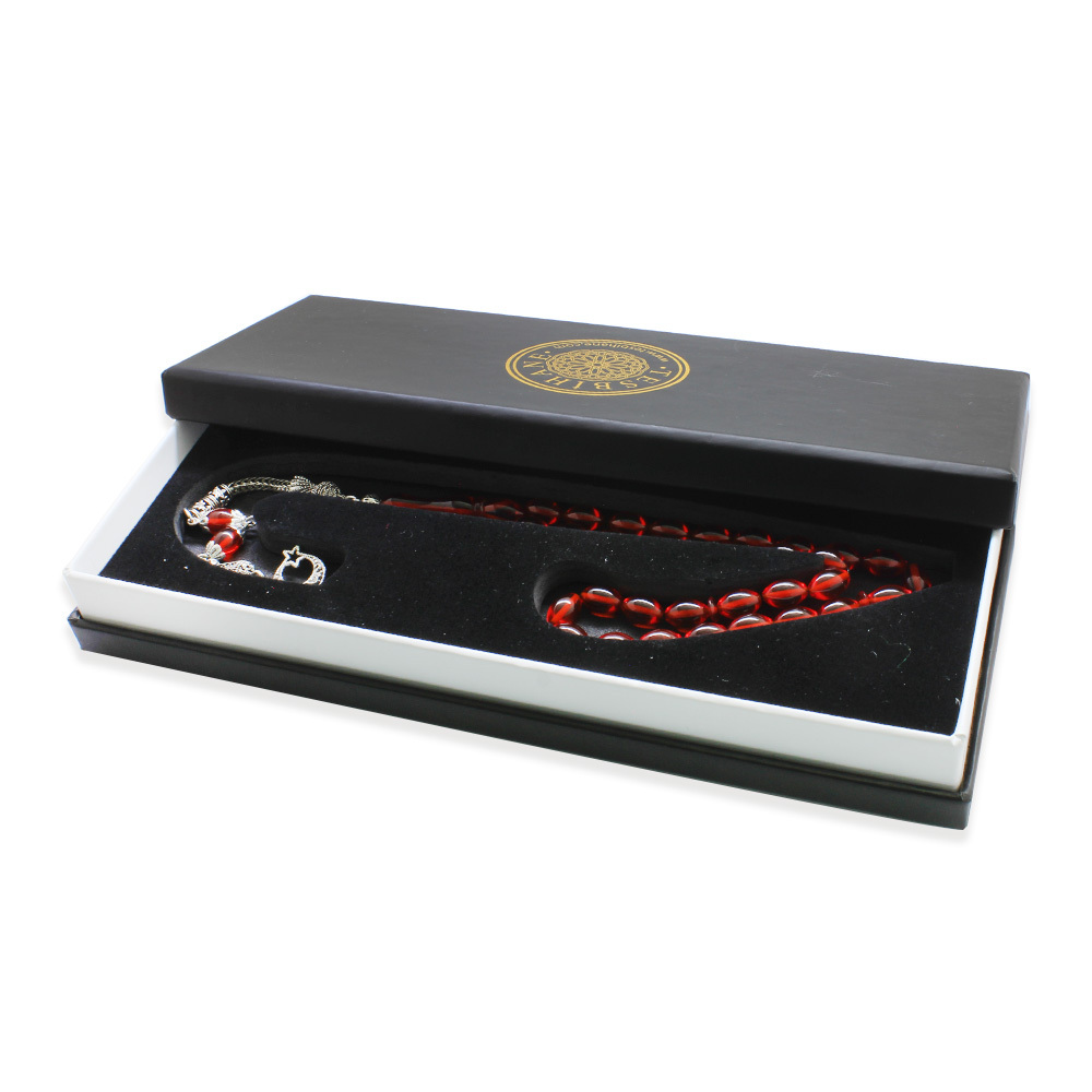 Ayyıldız Kararmaz Metal Püsküllü Arpa Kesim Amber Kırmızı Ateş Kehribar Tesbih - 6