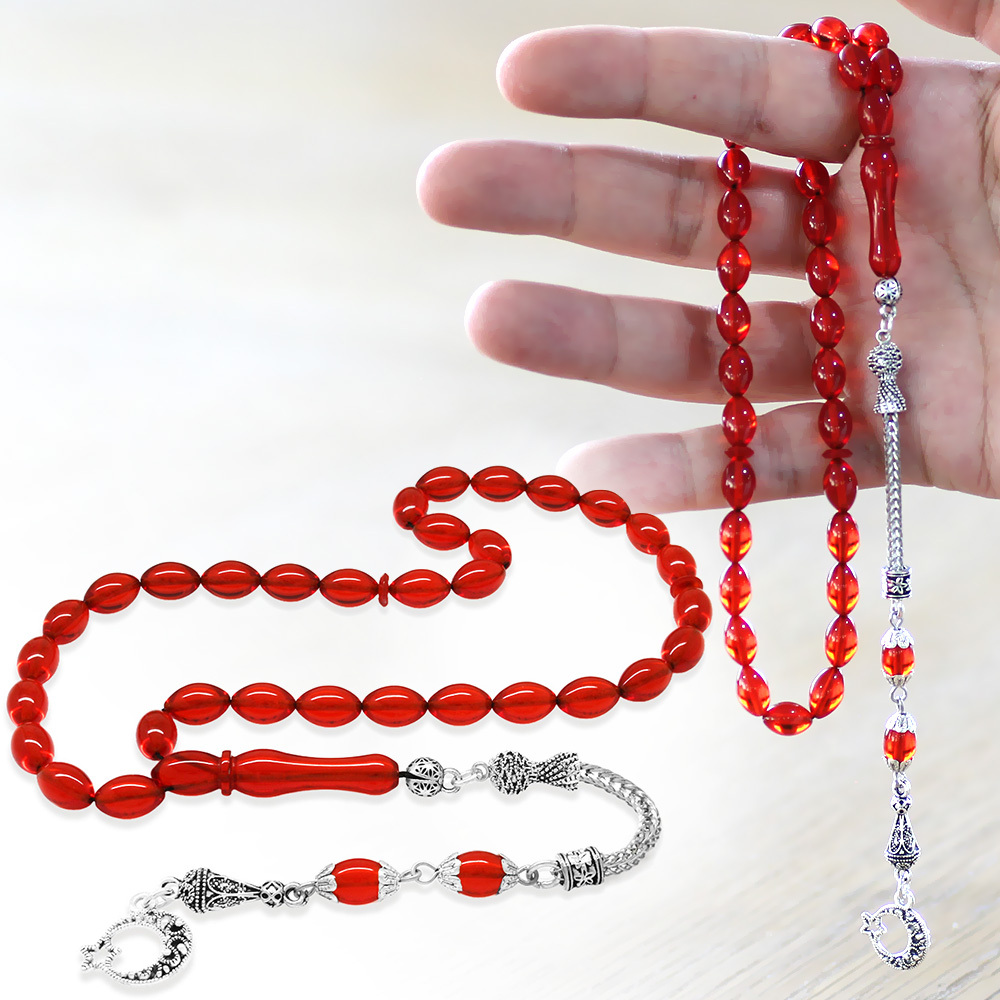 Ayyıldız Kararmaz Metal Püsküllü Arpa Kesim Amber Kırmızı Ateş Kehribar Tesbih - 1