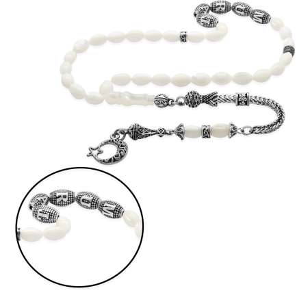 Kararmaz Metal Püsküllü Arpa Kesim Metal İsim Yazılı Sedef Doğaltaş Tesbih - Tesbihane