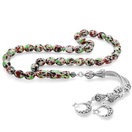 Kararmaz Metal Püsküllü Çok Renkli Arpa Kesim Mozaik Kehribar Tesbih - STOKYOK