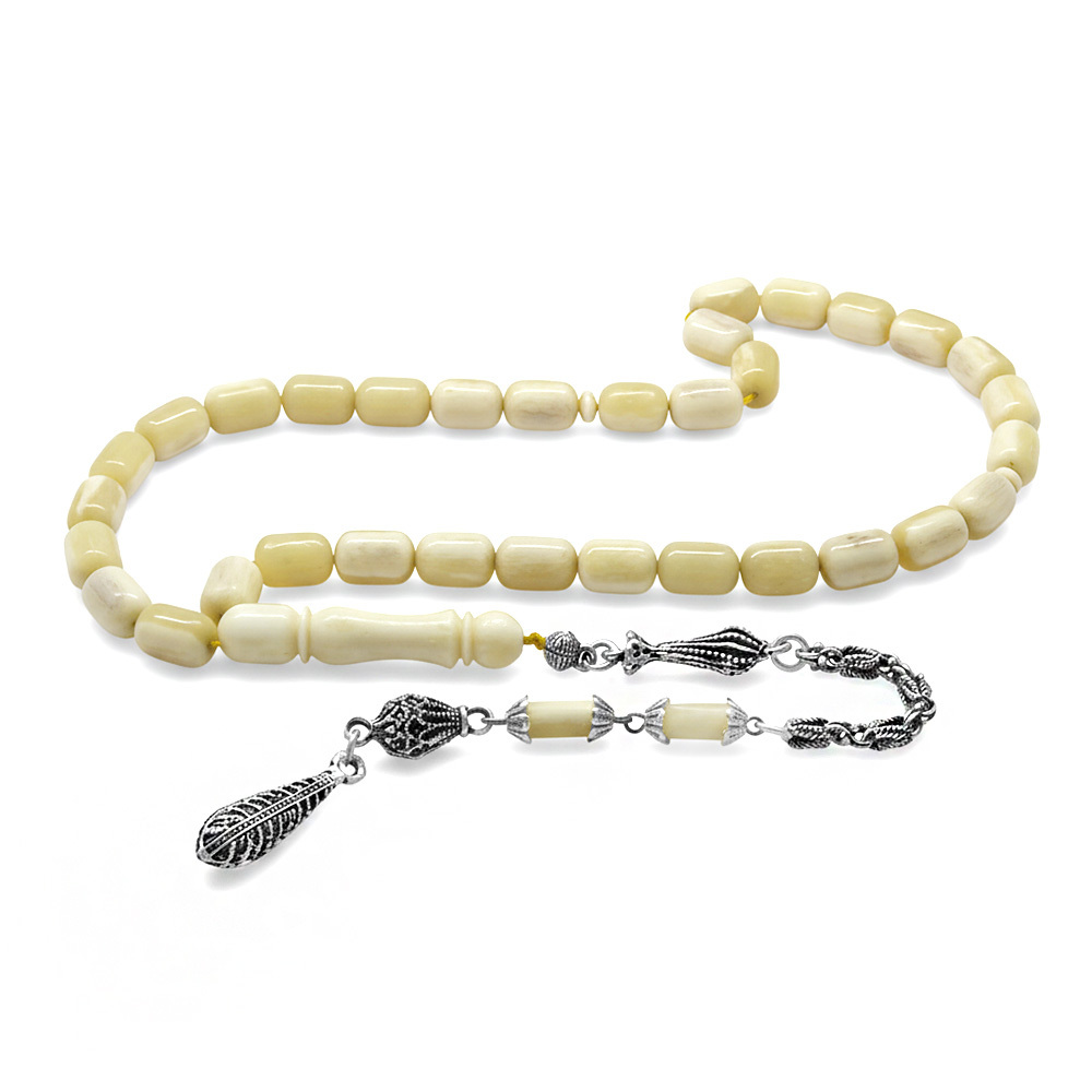 Kararmaz Metal Püsküllü İmamesi İşçilikli Kapsül Kesim Doğal Renk Deve Kemiği Tesbih - 4