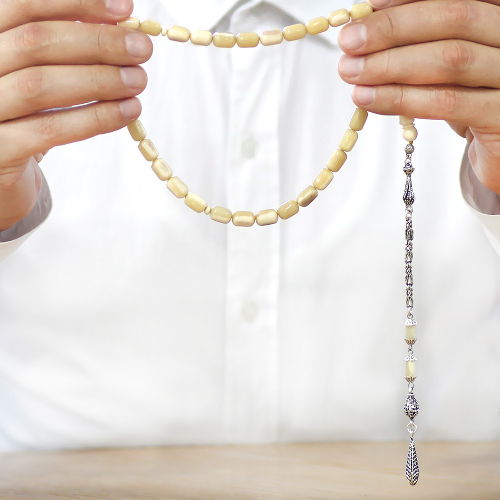 Kararmaz Metal Püsküllü İmamesi İşçilikli Kapsül Kesim Doğal Renk Deve Kemiği Tesbih - 3