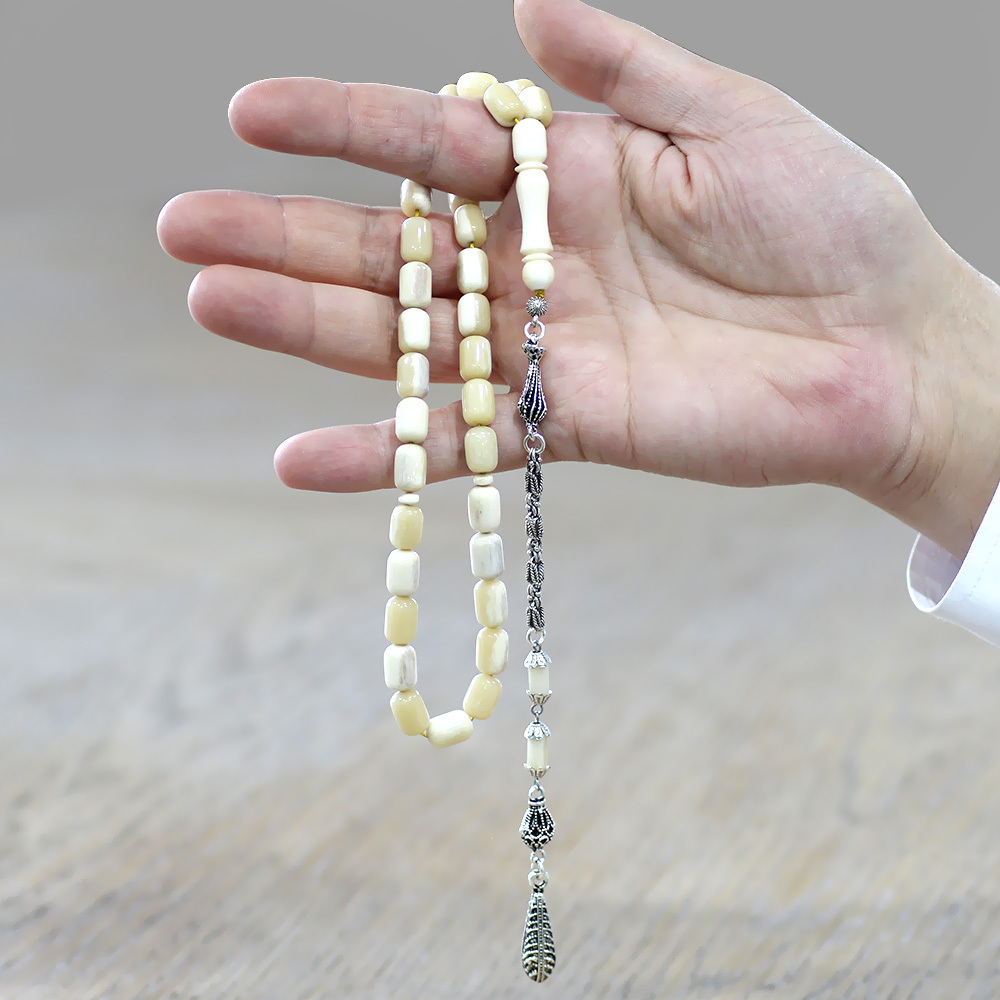 Kararmaz Metal Püsküllü İmamesi İşçilikli Kapsül Kesim Doğal Renk Deve Kemiği Tesbih - 2