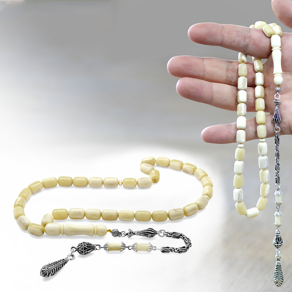 Kararmaz Metal Püsküllü İmamesi İşçilikli Kapsül Kesim Doğal Renk Deve Kemiği Tesbih - 1