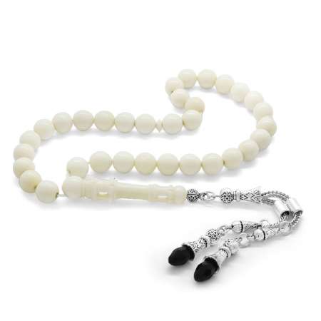 Kararmaz Metal Püsküllü İmamesi İşçilikli Küre Kesim Doğal Renk Deve Kemiği Tesbih - Tesbihane