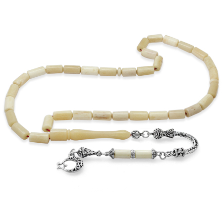 Kararmaz Metal Püsküllü Kapsül Kesim İmamesi İşçilikli Naturel Renk Deve Kemiği Tesbih - Tesbihane