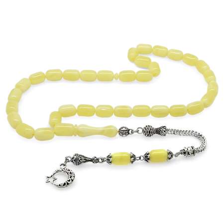 Kararmaz Metal Püsküllü Kapsül Kesim Sarı Beyaz Hareli Beyrut Kehribar Tesbih - Tesbihane