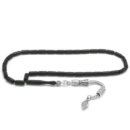 Kararmaz Metal Püsküllü Kesme Kesim Siyah Sıkma Kehribar Tesbih - Tesbihane