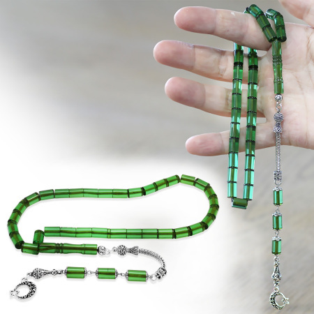 Kararmaz Metal Püsküllü Kesme Kesim Su Yeşili Ateş Kehribar Tesbih - Tesbihane