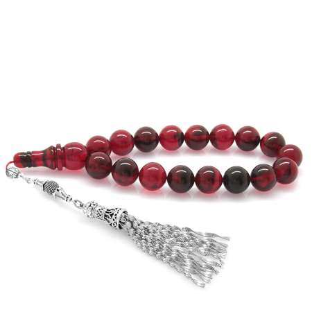 Kararmaz Metal Püsküllü Kırmızı Siyah Ateş Kehribar Efe Tesbih - Tesbihane