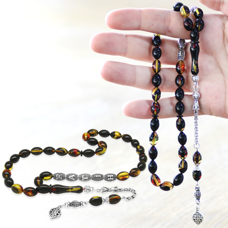 Kararmaz Metal Püsküllü İsme Özel Yazılı Arpa Kesim Bala Siyah Renk Ateş Kehribar Tesbih - Tesbihane