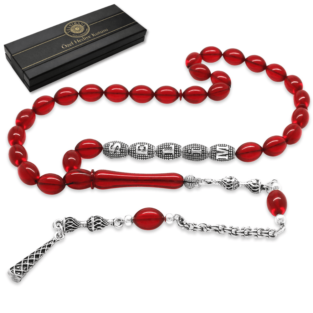 Kararmaz Metal Püsküllü İsme Özel Yazılı Arpa Kesim Bayrak Kırmızı Ateş Kehribar Tesbih - 1