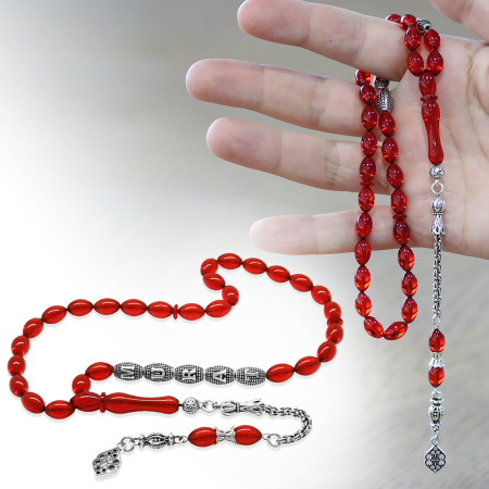 Kararmaz Metal Püsküllü İsme Özel Yazılı Arpa Kesim Amber Kırmızı Ateş Kehribar Tesbih - Tesbihane