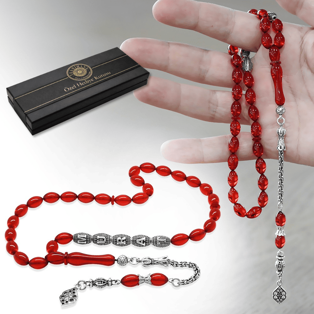 Kararmaz Metal Püsküllü İsme Özel Yazılı Arpa Kesim Amber Kırmızı Ateş Kehribar Tesbih - 1