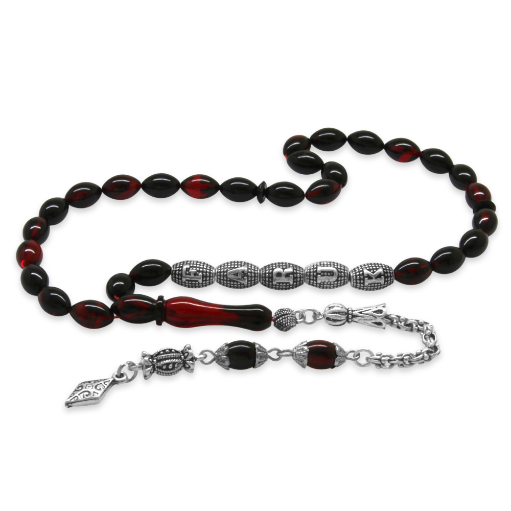 Kararmaz Metal Püsküllü İsme Özel Yazılı Arpa Kesim Kırmızı Siyah Ateş Kehribar Tesbih - 4