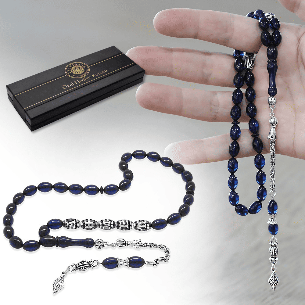 Kararmaz Metal Püsküllü İsme Özel Yazılı Arpa Kesim Lacivert Sıkma Kehribar Tesbih - 1