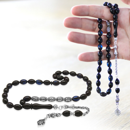 Kararmaz Metal Püsküllü İsme Özel Yazılı Arpa Kesim Mavi Siyah Sıkma Kehribar Tesbih - Tesbihane