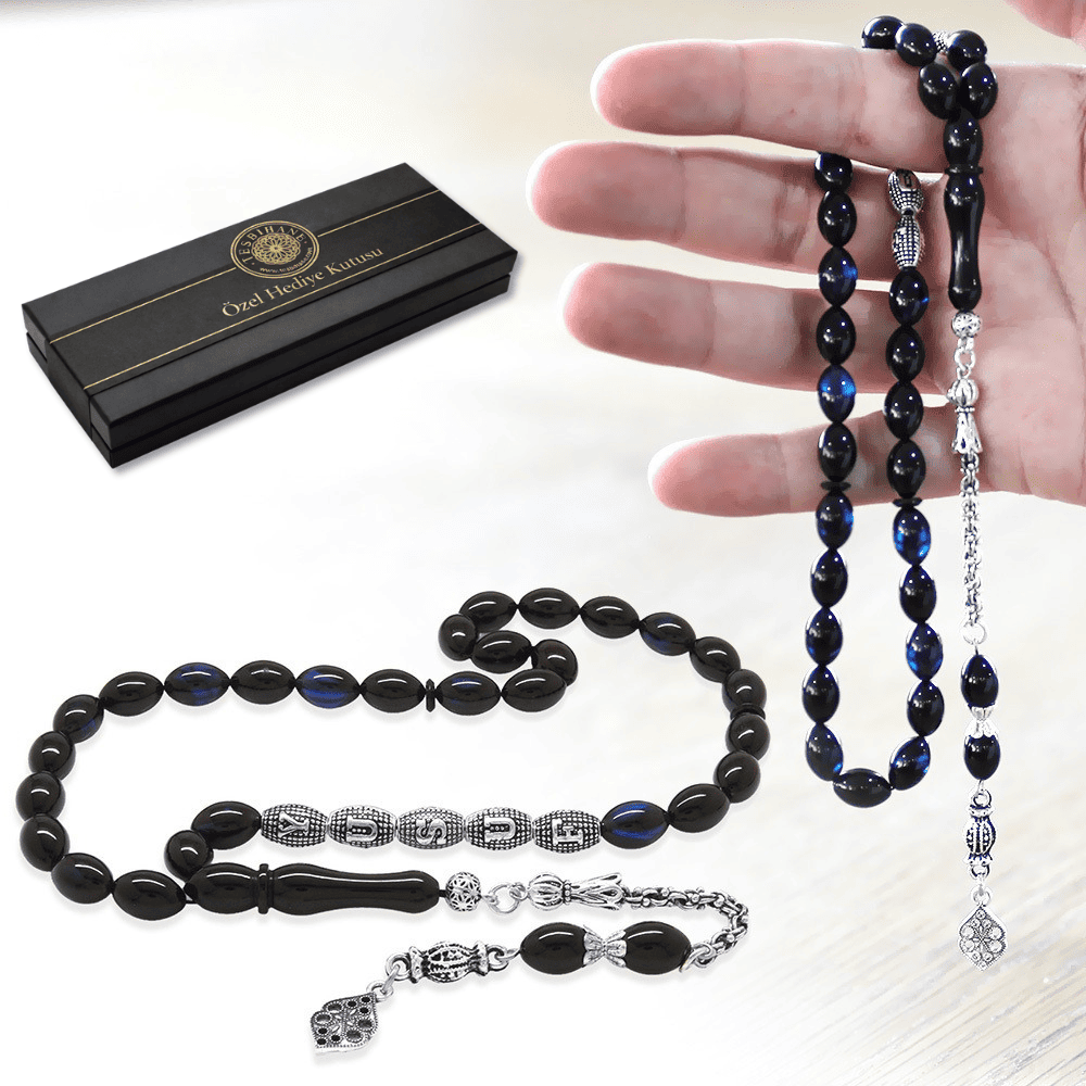 Kararmaz Metal Püsküllü İsme Özel Yazılı Arpa Kesim Mavi Siyah Sıkma Kehribar Tesbih - 1