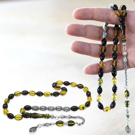 Kararmaz Metal Püsküllü İsme Özel Yazılı Arpa Kesim Sarı Siyah Ateş Kehribar Tesbih - Tesbihane