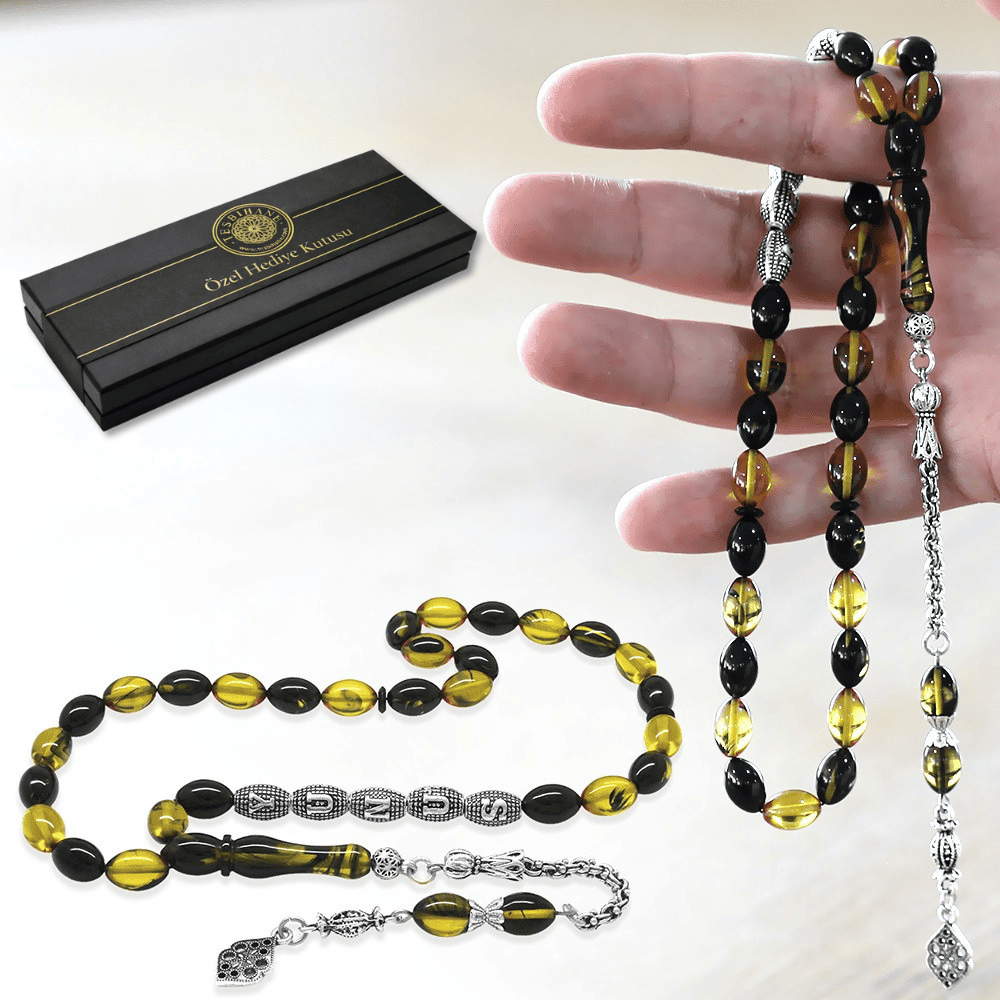 Kararmaz Metal Püsküllü İsme Özel Yazılı Arpa Kesim Sarı Siyah Ateş Kehribar Tesbih - 1