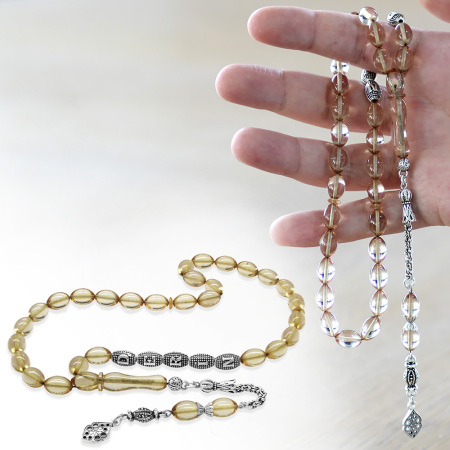 Kararmaz Metal Püsküllü İsme Özel Yazılı Arpa Kesim Şeffaf Beyaz Ateş Kehribar Tesbih - Tesbihane