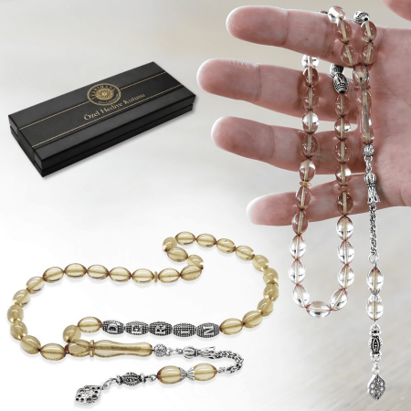 Kararmaz Metal Püsküllü İsme Özel Yazılı Arpa Kesim Şeffaf Beyaz Ateş Kehribar Tesbih - Tesbihane