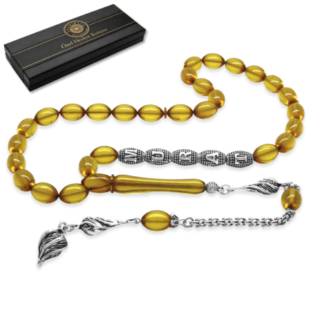 Kararmaz Metal Püsküllü İsme Özel Yazılı Arpa Kesim Şeffaf Sarı Ateş Kehribar Tesbih - Tesbihane