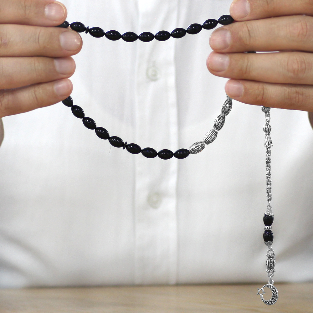 Kararmaz Metal Püsküllü İsme Özel Yazılı Arpa Kesim Siyah Sıkma Kehribar Tesbih - 3