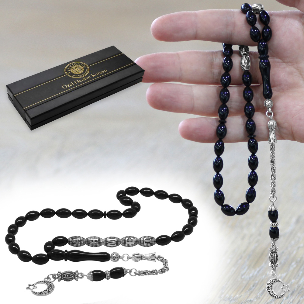 Kararmaz Metal Püsküllü İsme Özel Yazılı Arpa Kesim Siyah Sıkma Kehribar Tesbih - 1