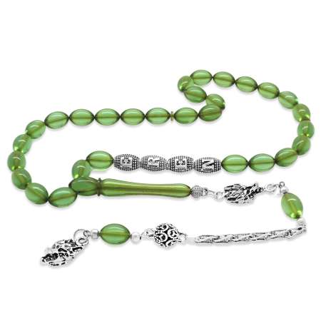 Kararmaz Metal Püsküllü İsme Özel Yazılı Su Yeşili Arpa Kesim Ateş Kehribar Tesbih - Tesbihane