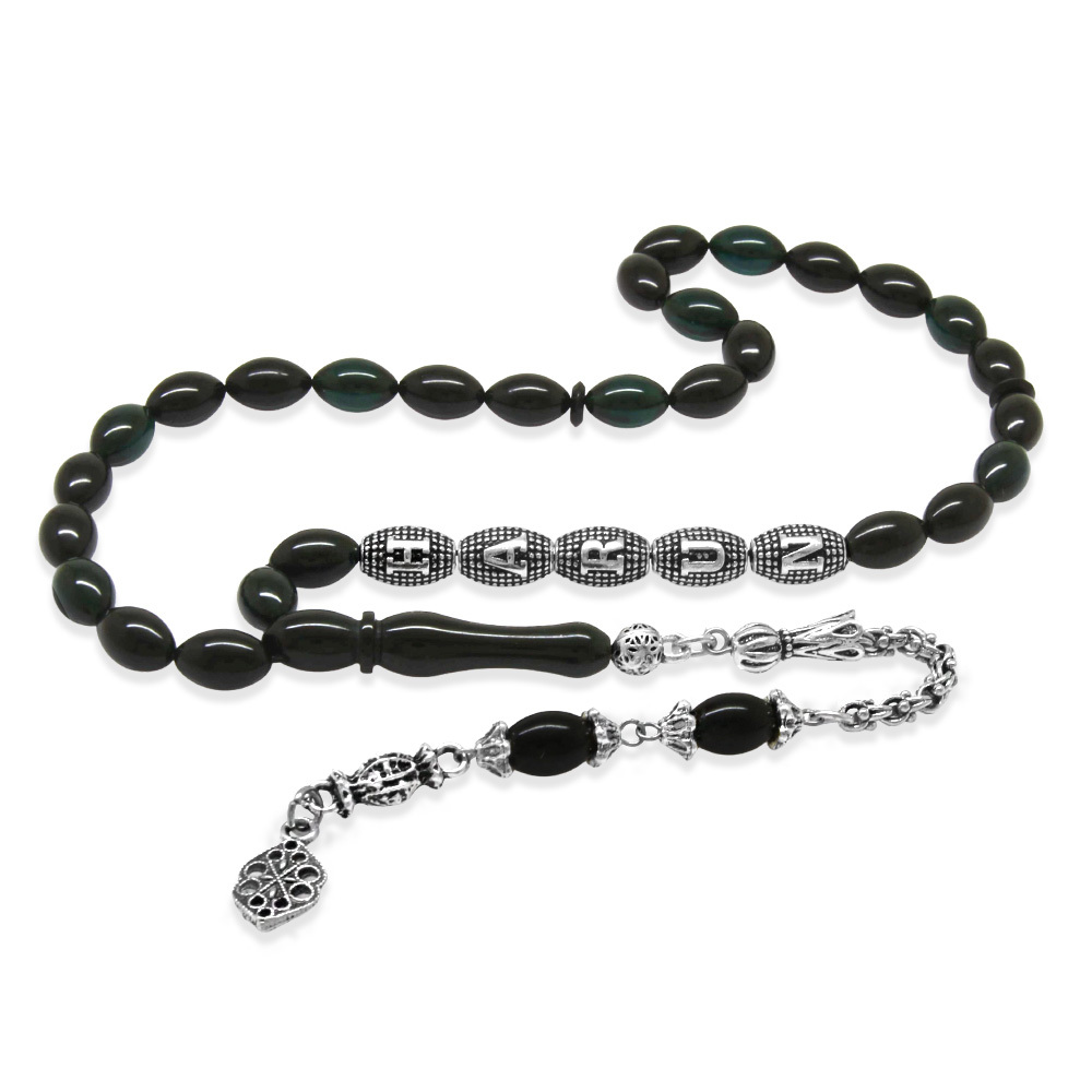 Kararmaz Metal Püsküllü İsme Özel Yazılı Arpa Kesim Turkuaz Siyah Ateş Kehribar Tesbih - 1