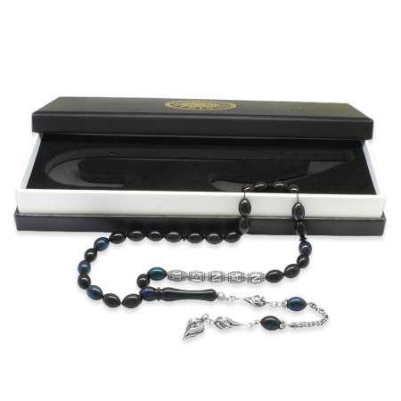 Kararmaz Metal Püsküllü İsme Özel Yazılı Arpa Kesim Turkuaz Siyah Ateş Kehribar Tesbih - Tesbihane