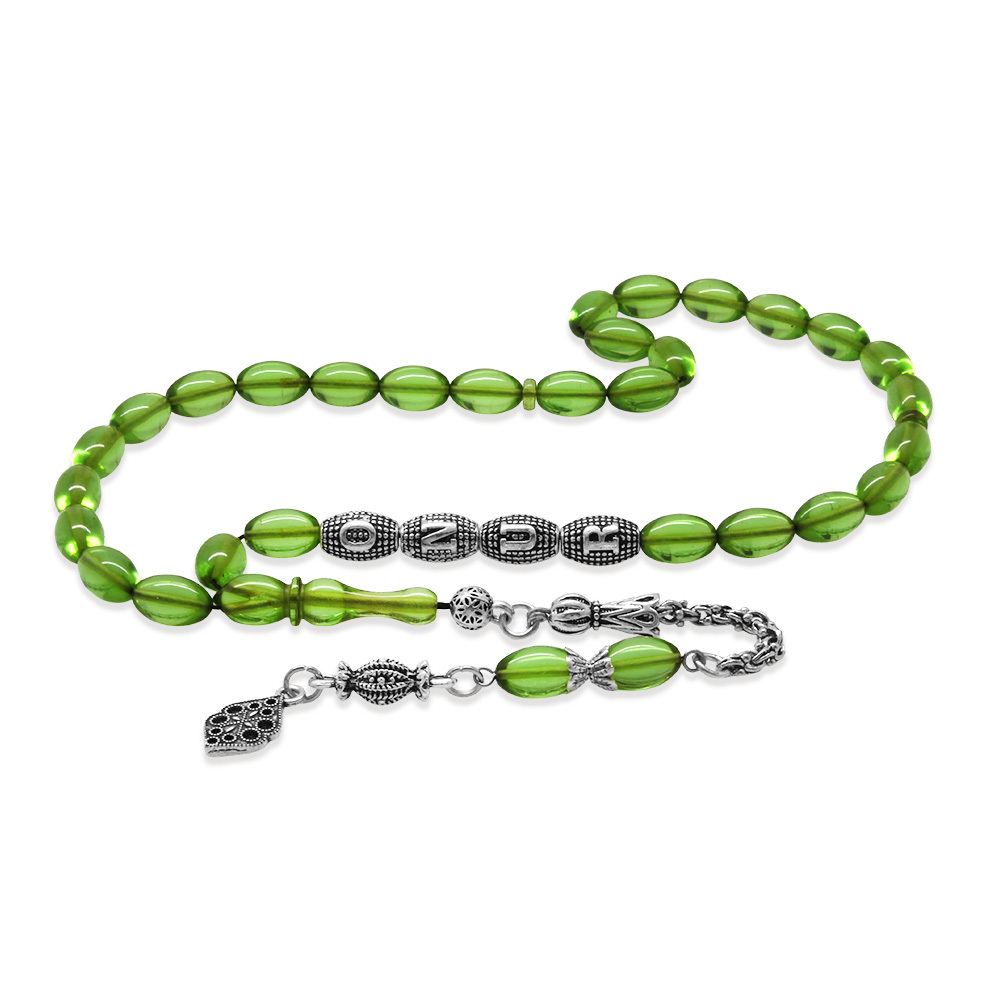 Kararmaz Metal Püsküllü İsme Özel Yazılı Arpa Kesim Yeşil Ateş Kehribar Tesbih - 5