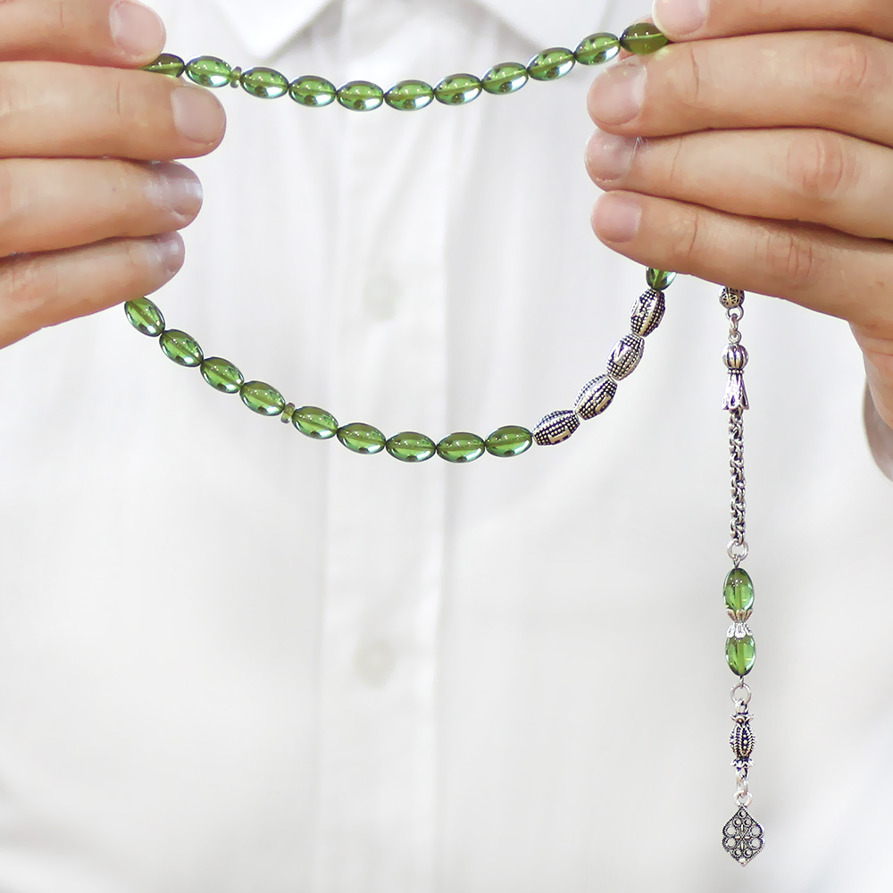 Kararmaz Metal Püsküllü İsme Özel Yazılı Arpa Kesim Yeşil Ateş Kehribar Tesbih - 4