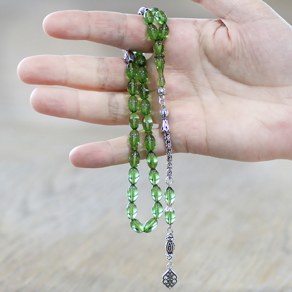 Kararmaz Metal Püsküllü İsme Özel Yazılı Arpa Kesim Yeşil Ateş Kehribar Tesbih - 3