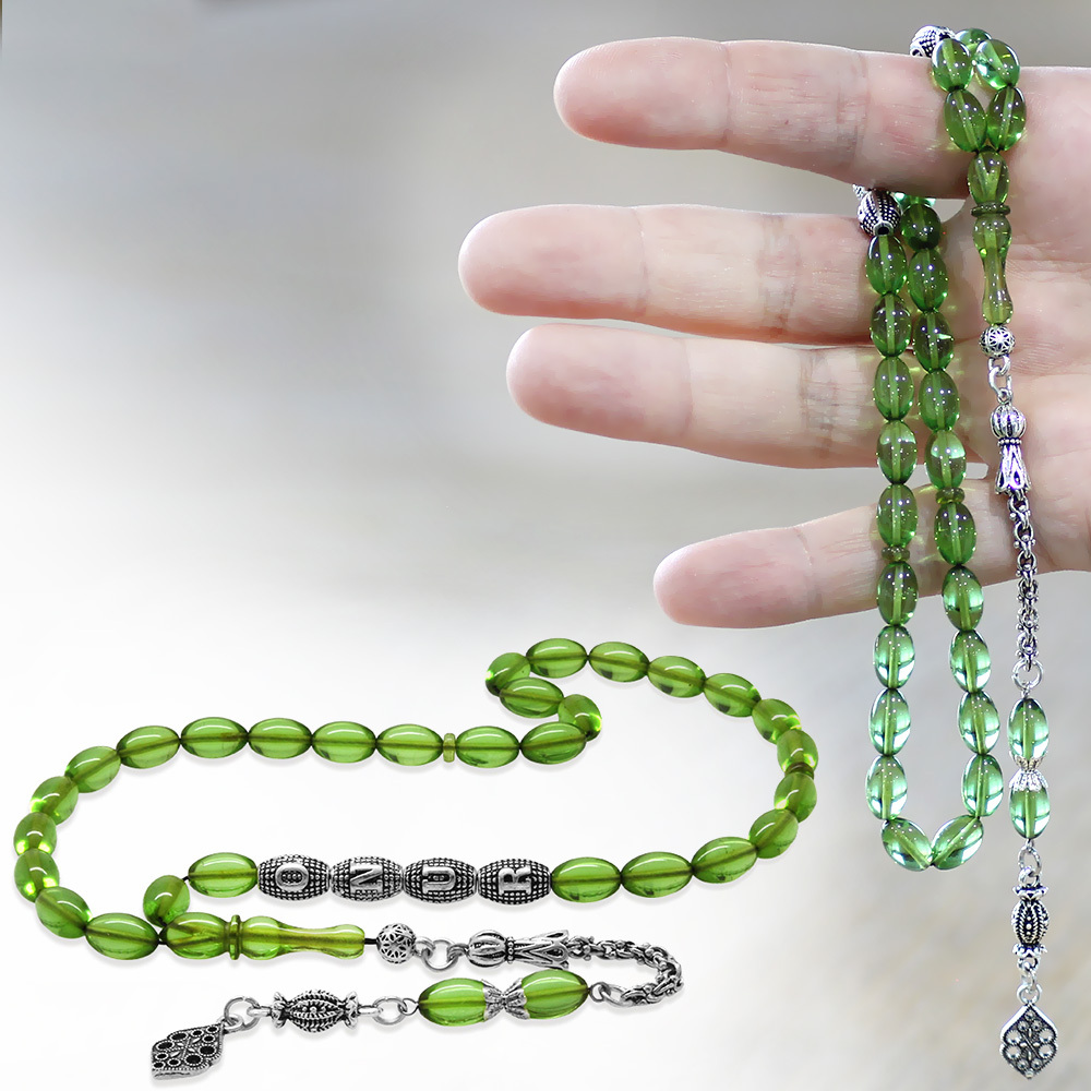 Kararmaz Metal Püsküllü İsme Özel Yazılı Arpa Kesim Yeşil Ateş Kehribar Tesbih - 2