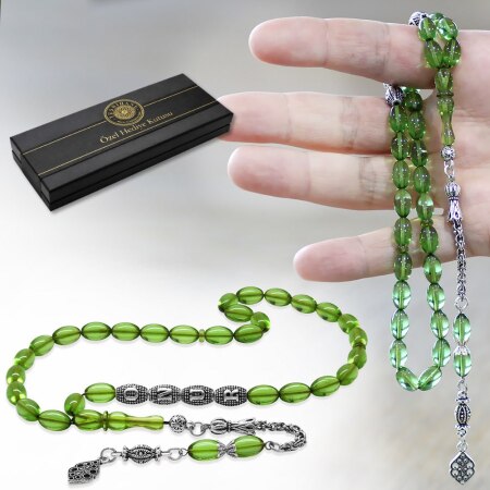 Kararmaz Metal Püsküllü İsme Özel Yazılı Arpa Kesim Yeşil Ateş Kehribar Tesbih - Tesbihane