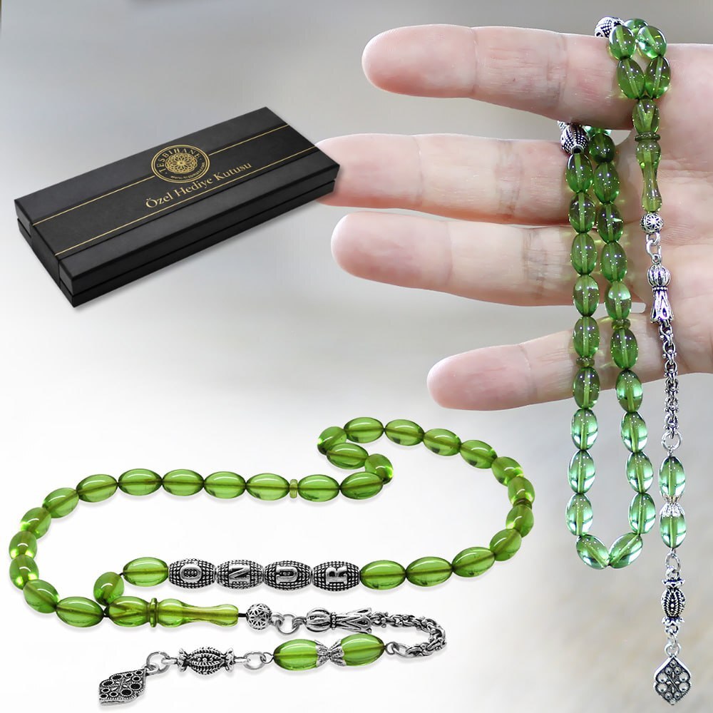 Kararmaz Metal Püsküllü İsme Özel Yazılı Arpa Kesim Yeşil Ateş Kehribar Tesbih - 1