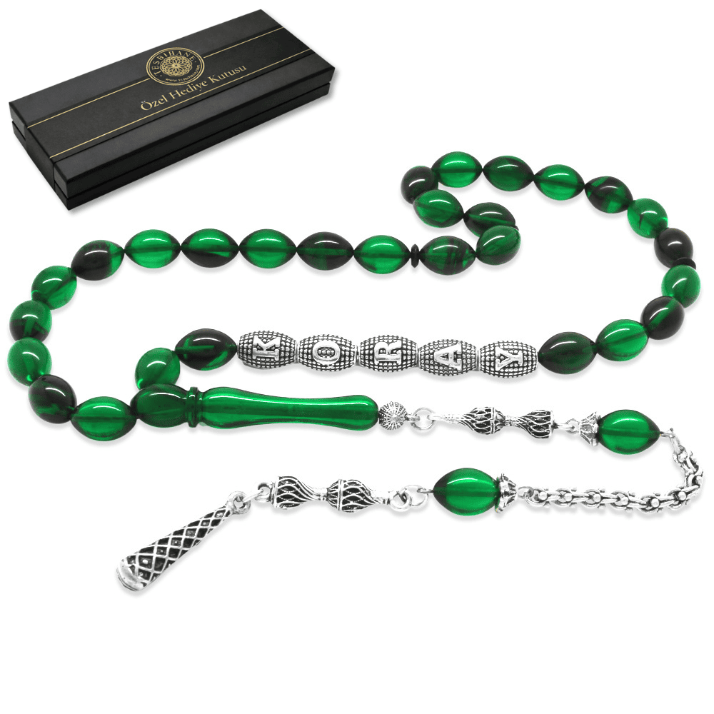 Kararmaz Metal Püsküllü İsme Özel Yazılı Arpa Kesim Yeşil Siyah Ateş Kehribar Tesbih - 1