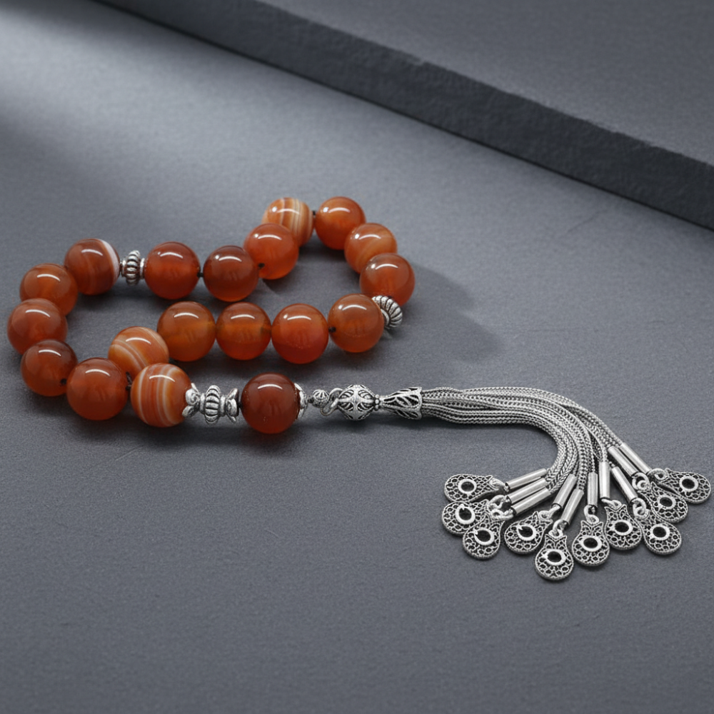 Kararmaz Metal Püsküllü Küre Kesim Akik Doğaltaş Efe Tesbih - 2