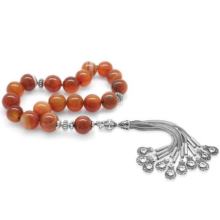 Kararmaz Metal Püsküllü Küre Kesim Akik Doğaltaş Efe Tesbih - Tesbihane